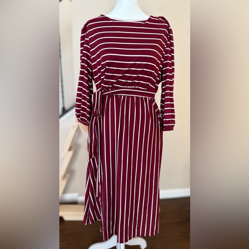 Chic Soul Burgundy and White Striped Dress, 1X